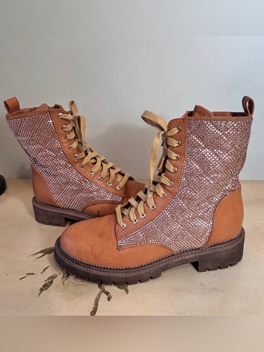 Bebe Tan Faux Leather Silver Rhinestone Bling Lace Up Military Style Boots